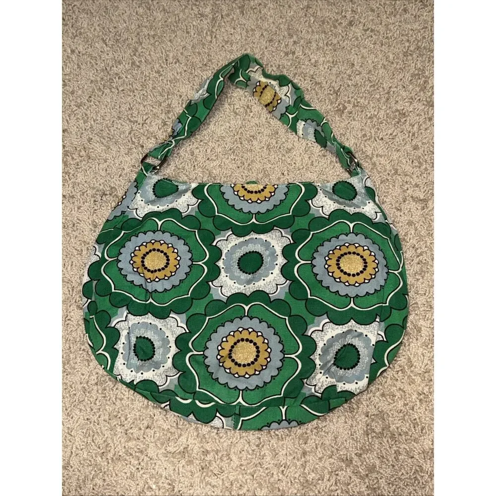 Vintage Green Yellow Blue Flower Handbag Tote Purse EUC